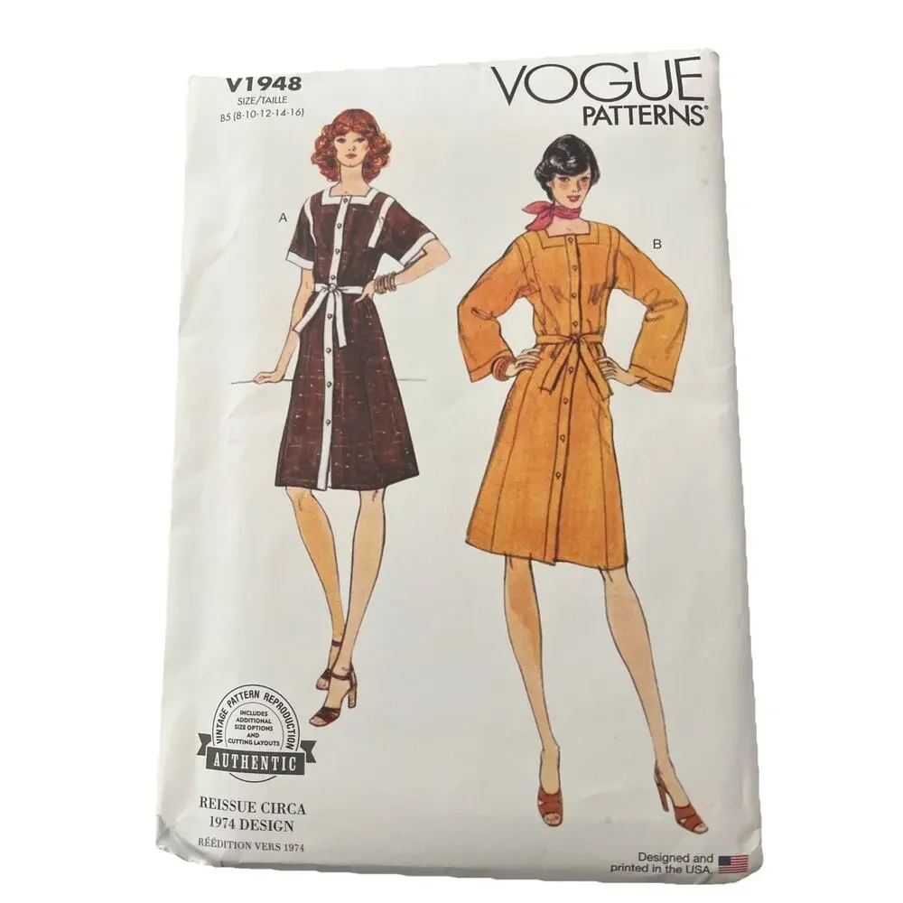 Sewing Pattern Vogue V1948 Vintage 70s Shirt Dress Square Collar 8-16 Uncut FF